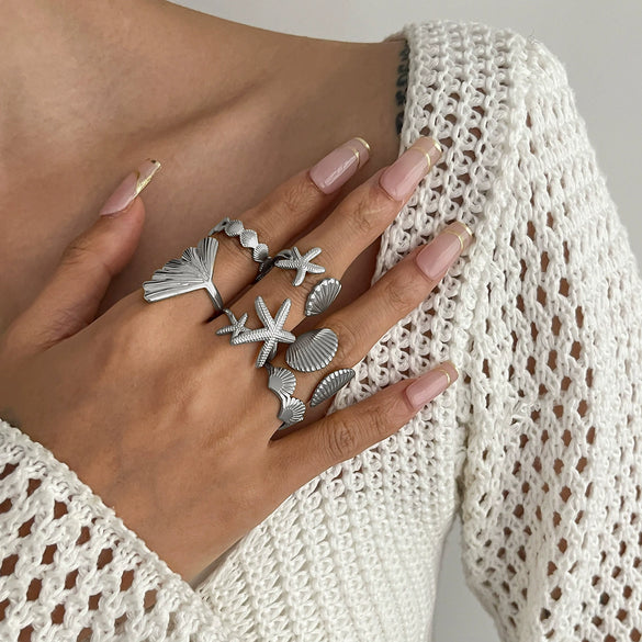 Vacation Style Metal Geometric Starfish Opening Ring Set For Women With Electroplating