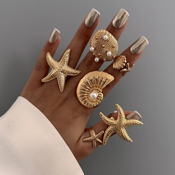Vacation Style Metal Geometric Starfish Opening Ring Set For Women With Electroplating