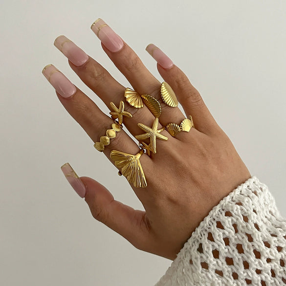 Vacation Style Metal Geometric Starfish Opening Ring Set For Women With Electroplating