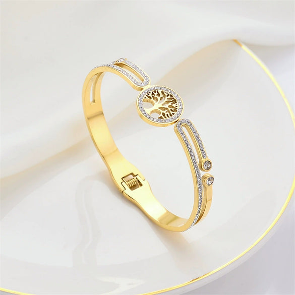 Vacuum Electroplated Titanium Steel Bracelet With Niche Design And All Match Zircon Life Tree Pattern