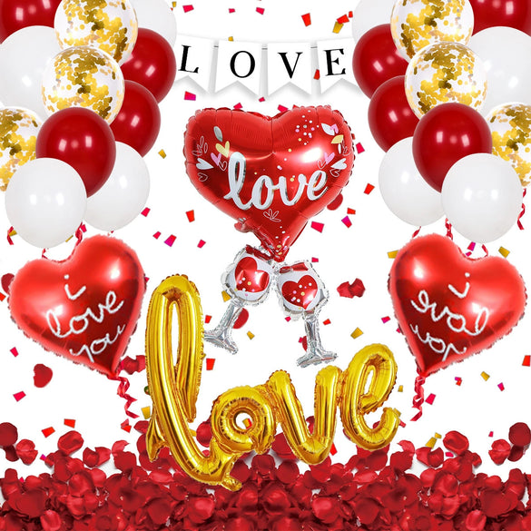 Valentine's Day Love Balloon Set With Heart And Bear Designs Red And White Latex And Metallic Foil Decorative Balloons
