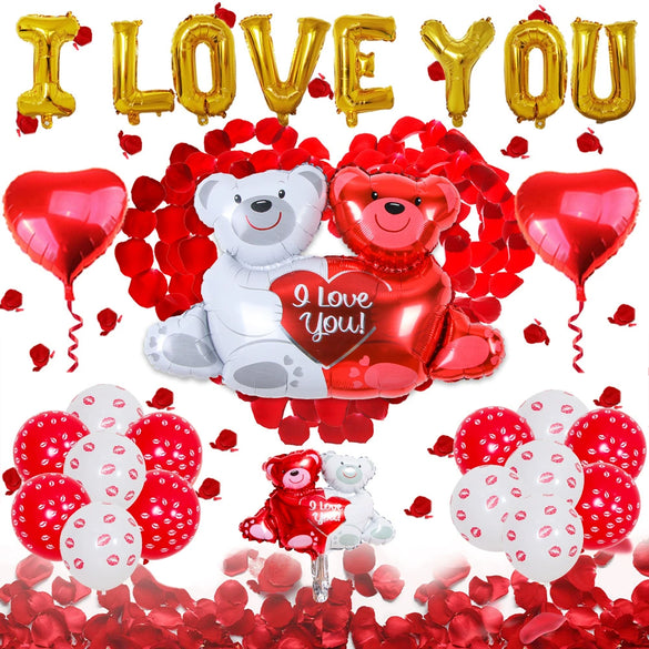 Valentine's Day Love Balloon Set With Heart And Bear Designs Red And White Latex And Metallic Foil Decorative Balloons