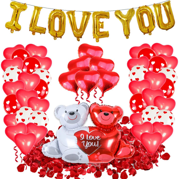Valentine's Day Love Balloon Set With Heart And Bear Designs Red And White Latex And Metallic Foil Decorative Balloons