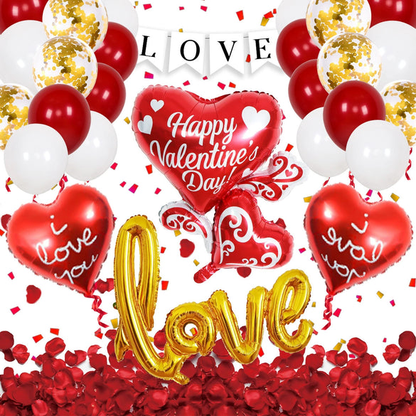 Valentine's Day Love Balloon Set With Heart And Bear Designs Red And White Latex And Metallic Foil Decorative Balloons