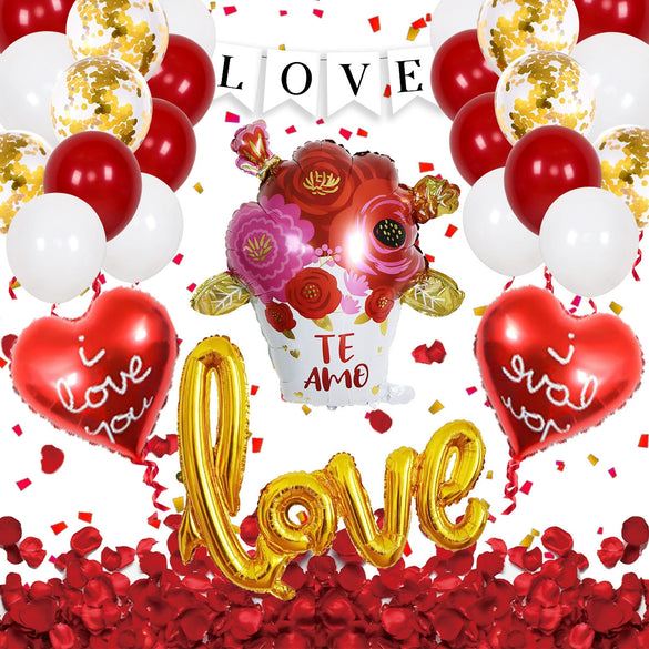 Valentine's Day Love Balloon Set With Heart And Bear Designs Red And White Latex And Metallic Foil Decorative Balloons