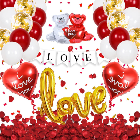 Valentine's Day Love Balloon Set With Heart And Bear Designs Red And White Latex And Metallic Foil Decorative Balloons