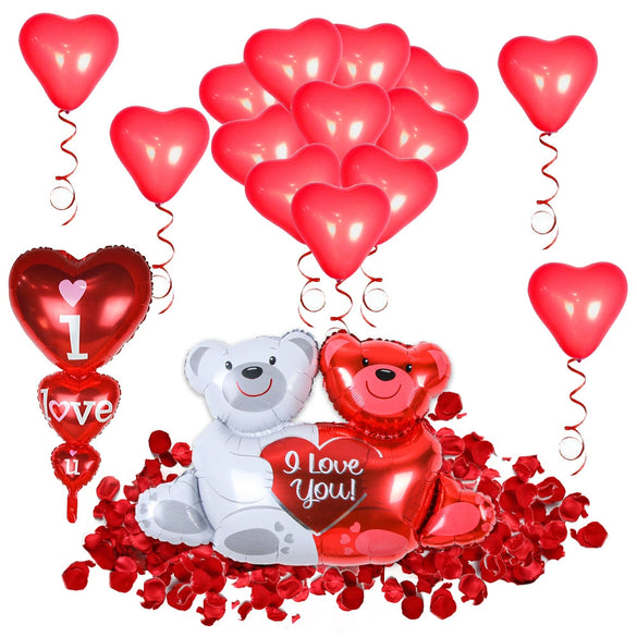 Valentine's Day Love Balloon Set With Heart And Bear Designs Red And White Latex And Metallic Foil Decorative Balloons