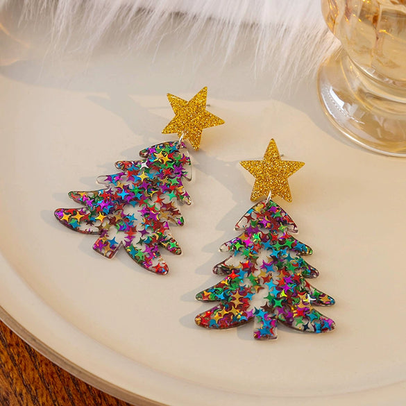 Versatile Acrylic Electroplated Fivepointed Star Christmas Tree Earrings For Women