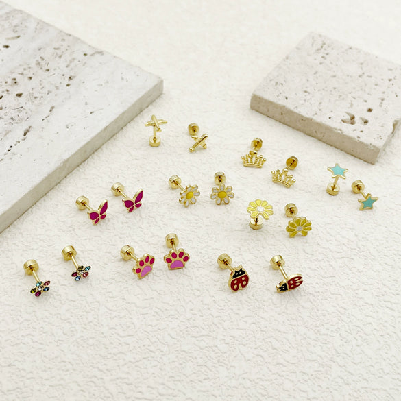 Versatile Daily Multipierced Animal Colorful Flower Stainless Steel Electroplated Women's Earrings