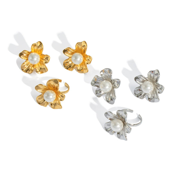 Versatile Dopamine Pearl Flower Earrings For Women 18K Gold Plated Stainless Steel With Pvd Vacuum Real Gold Electroplating