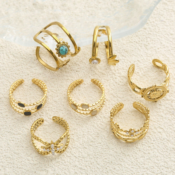 Versatile Fashion Stainless Steel Inlaid Turquoise Geometric Open Ring