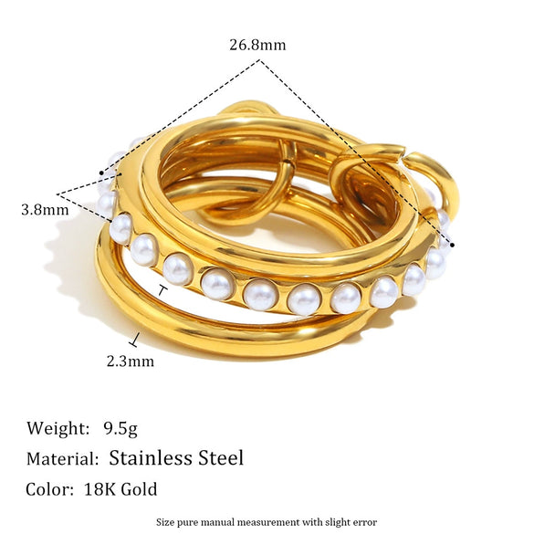 Versatile Geometric Stainless Steel Ring Plated With 18K Gold And Set With Threelayer Imitation Pearl