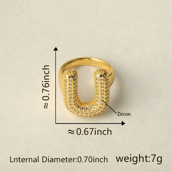 Versatile Letter Rings Copper Inlaid With Zircon Unisex Allmatch Jewelry