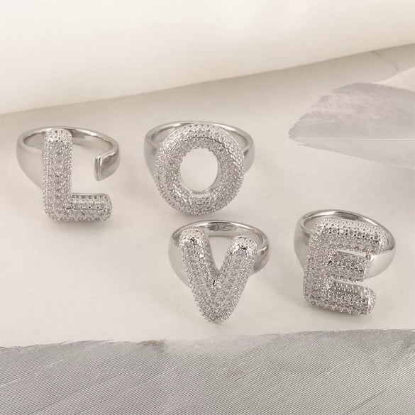 Versatile Letter Rings Copper Inlaid With Zircon Unisex Allmatch Jewelry