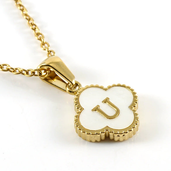 Versatile Titanium Steel Clover And Letter Design Pendant Necklace 18K Gold Plated For Women