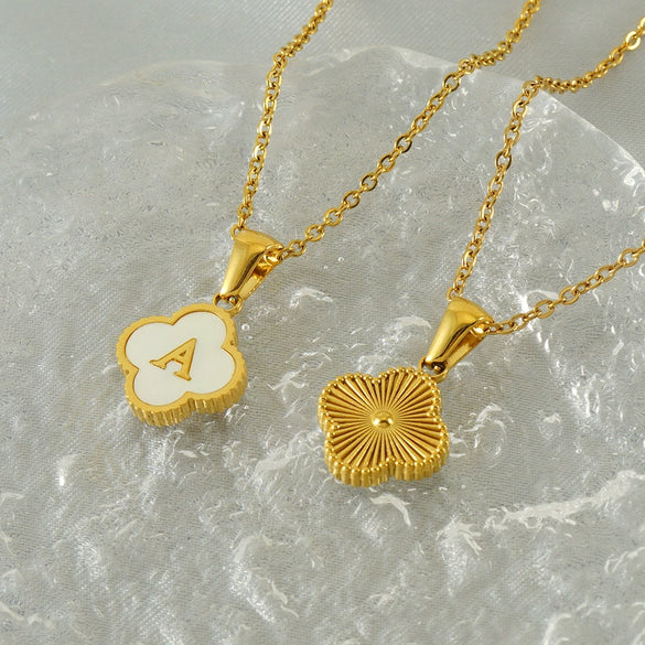 Versatile Titanium Steel Clover And Letter Design Pendant Necklace 18K Gold Plated For Women
