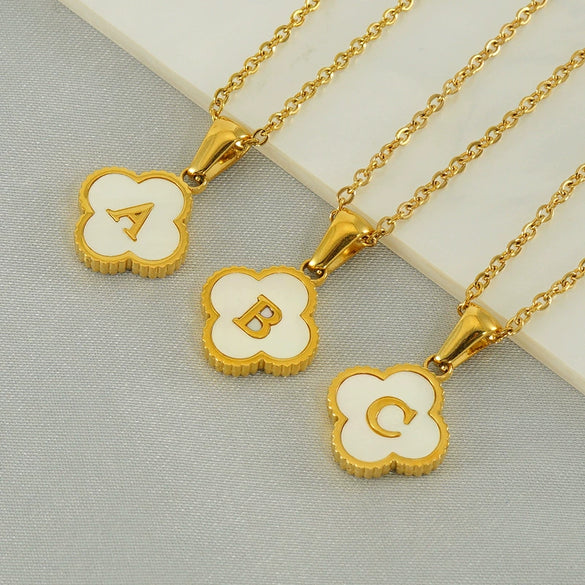 Versatile Titanium Steel Clover And Letter Design Pendant Necklace 18K Gold Plated For Women