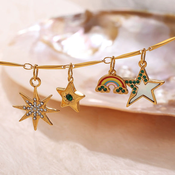 Versatile Trendy Jewelry Pendant 316L Stainless Steel Fivepointed Star Green Rhinestone Electroplating Design