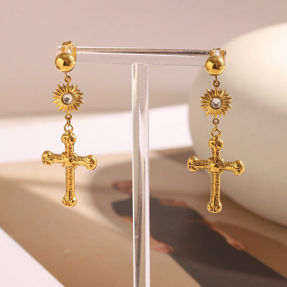 Versatile Women's Ear Jewelry Stainless Steel 18K Gold Plated Cross Pendant Earrings With Geometric Design