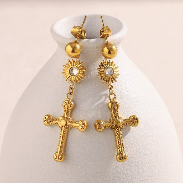 Versatile Women's Ear Jewelry Stainless Steel 18K Gold Plated Cross Pendant Earrings With Geometric Design
