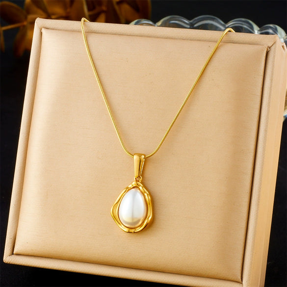 Vintage Allmatch Drop Pearl Irregular Pendant Stainless Steel Women's Necklace With Snake Bone Chain And Electroplating