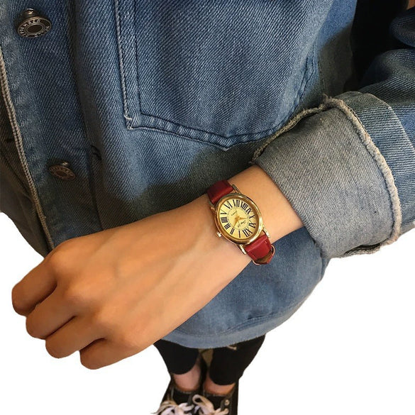 Vintage Allmatch Pu Leather Oval Dial Artistic Casual Watch For Women