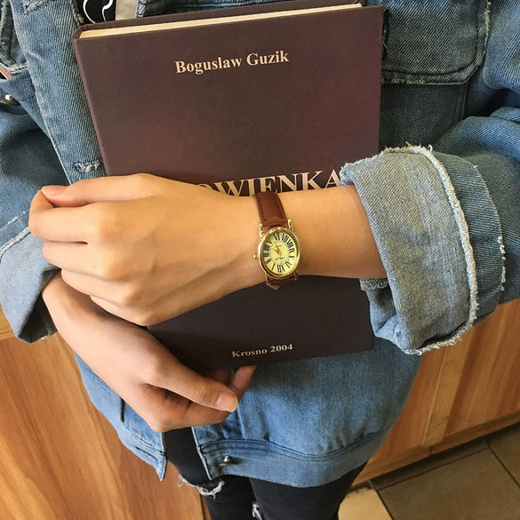 Vintage Allmatch Pu Leather Oval Dial Artistic Casual Watch For Women