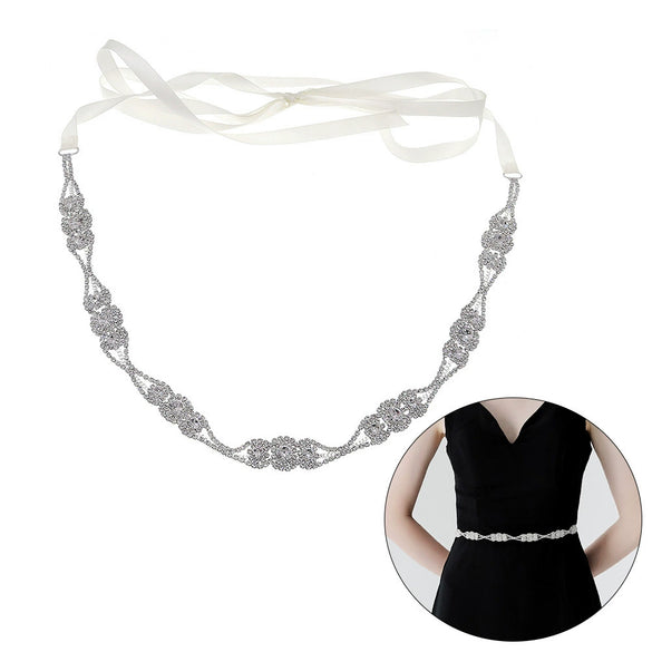 Vintage Alloy Soft Chain Waist Belt With Ribbon And Sunflower Rhinestone Detail For Bridal Dress Wedding Accessories