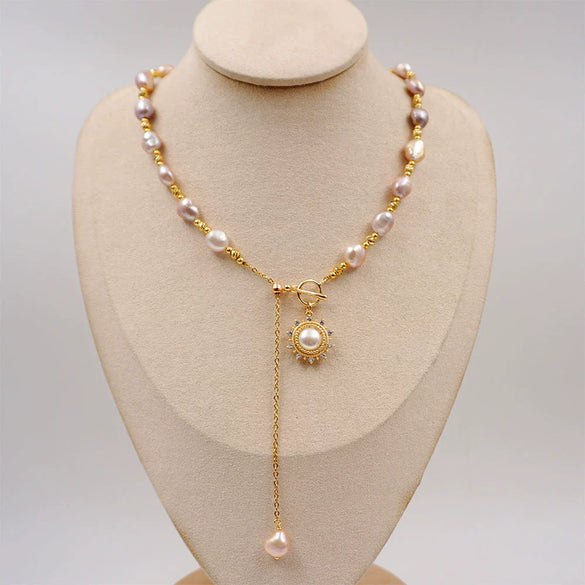 Vintage Baroque Purple Pearl Women's Necklace With Geometric Pattern Handmade And Adjustable Ot Buckle