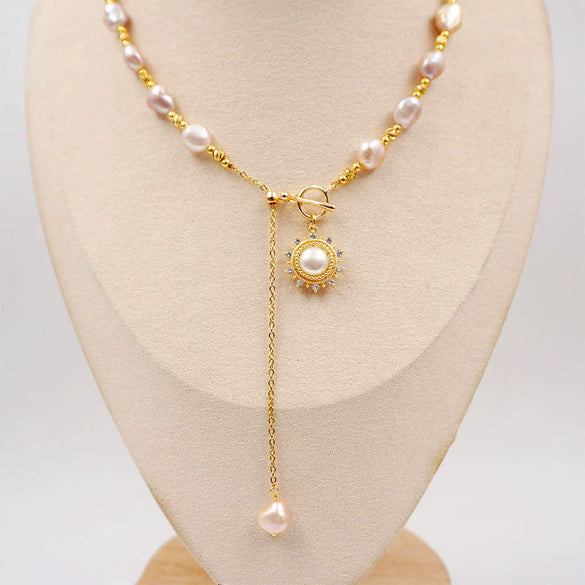 Vintage Baroque Purple Pearl Women's Necklace With Geometric Pattern Handmade And Adjustable Ot Buckle