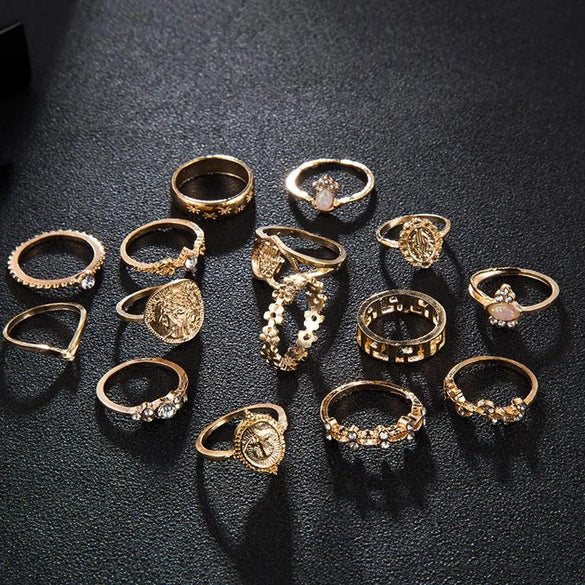Vintage Beauty Head Alloy Coin Cross Pattern Rhinestone Love Ring Set Nhgy125437