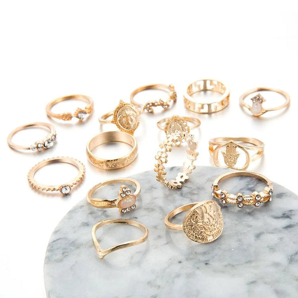 Vintage Beauty Head Alloy Coin Cross Pattern Rhinestone Love Ring Set Nhgy125437