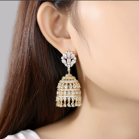 Vintage Bellshaped Geometric Zircon Drop Earrings In Electroplated Copper For Women