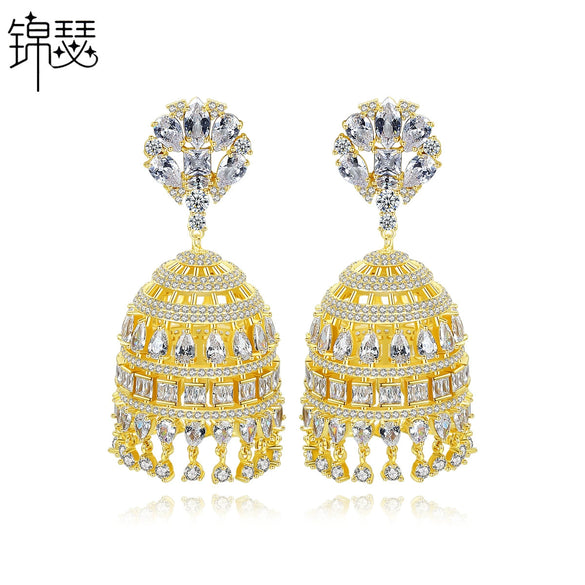 Vintage Bellshaped Geometric Zircon Drop Earrings In Electroplated Copper For Women