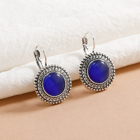 Vintage Bohemian Cat Eye Geometric Alloy Earrings With Antique Silver Finish And French Hook Design For Women