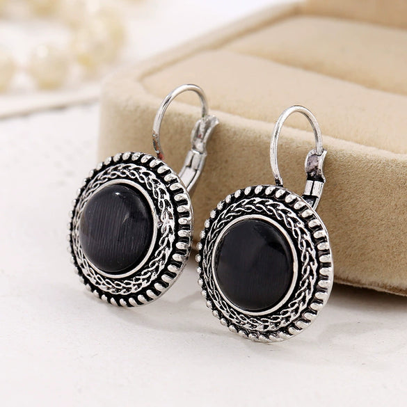 Vintage Bohemian Cat Eye Geometric Alloy Earrings With Antique Silver Finish And French Hook Design For Women