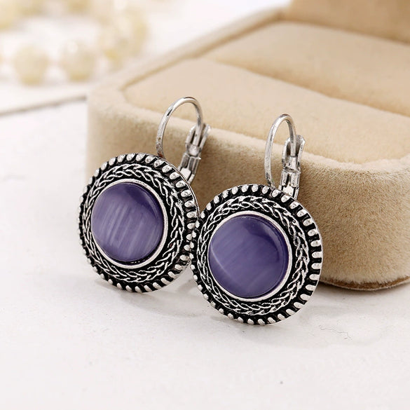 Vintage Bohemian Cat Eye Geometric Alloy Earrings With Antique Silver Finish And French Hook Design For Women