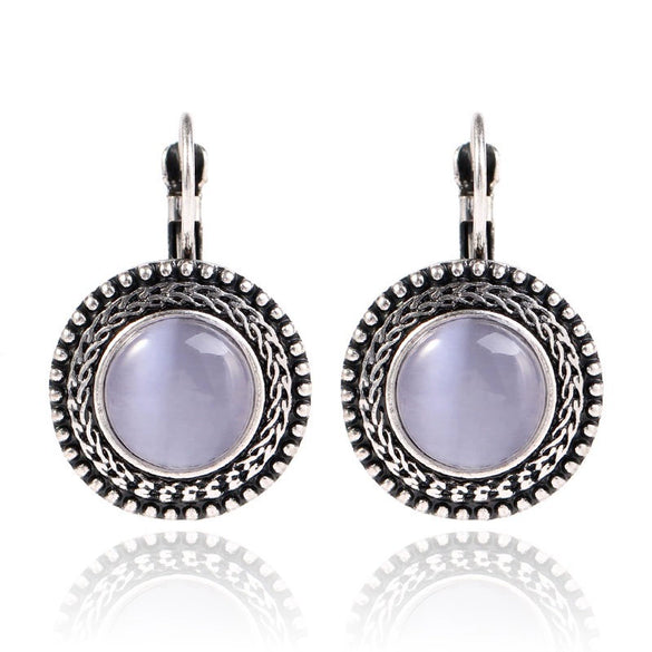 Vintage Bohemian Cat Eye Geometric Alloy Earrings With Antique Silver Finish And French Hook Design For Women