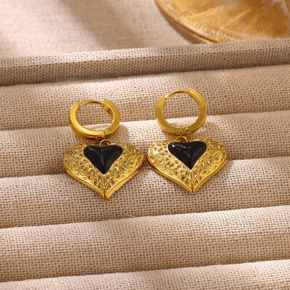 Vintage Carved Black Double Layer Heart Earrings With Zircon Accents And Oil Drop Finish For Women With Stainless Steel Posts