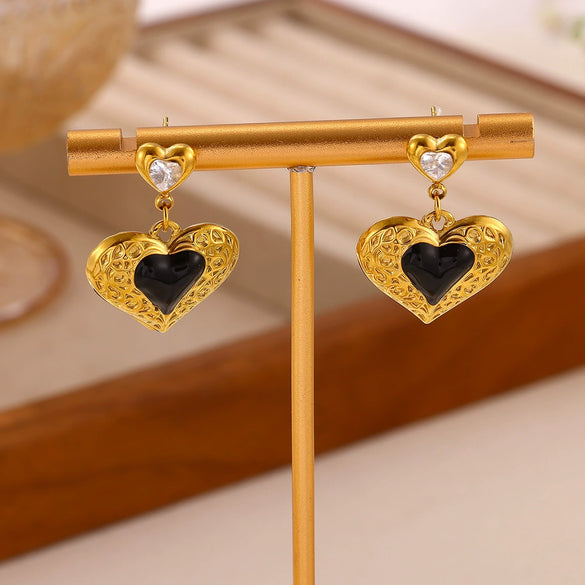 Vintage Carved Black Double Layer Heart Earrings With Zircon Accents And Oil Drop Finish For Women With Stainless Steel Posts