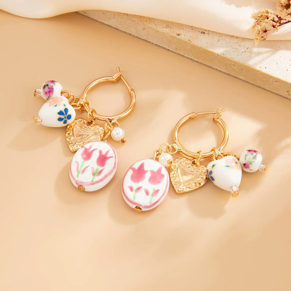 Vintage Ceramic Flower Heartshaped Print Pendant Earrings For Women