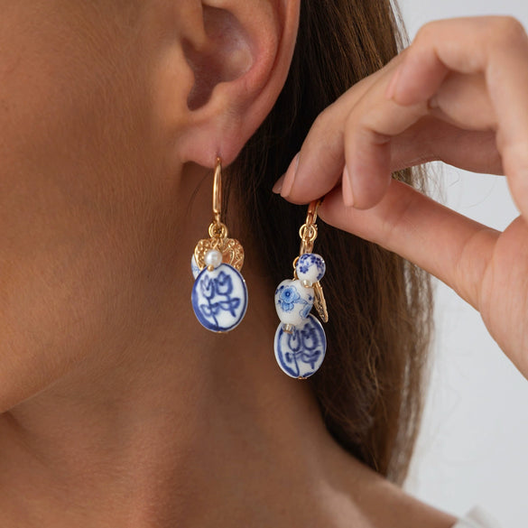 Vintage Ceramic Flower Heartshaped Print Pendant Earrings For Women