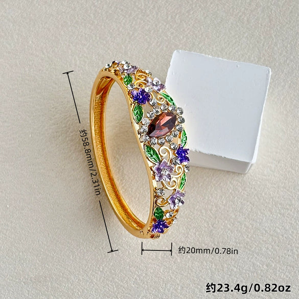 Vintage Cloisonné Enamel Filigree Open Bangle Bracelet With Hollow Design Floral Pattern And Plated Finish