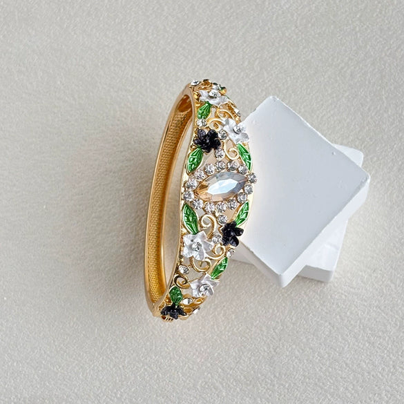 Vintage Cloisonné Enamel Filigree Open Bangle Bracelet With Hollow Design Floral Pattern And Plated Finish