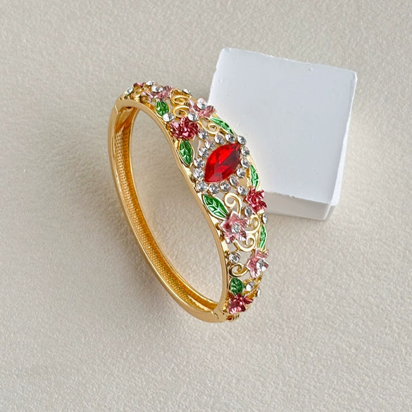 Vintage Cloisonné Enamel Filigree Open Bangle Bracelet With Hollow Design Floral Pattern And Plated Finish