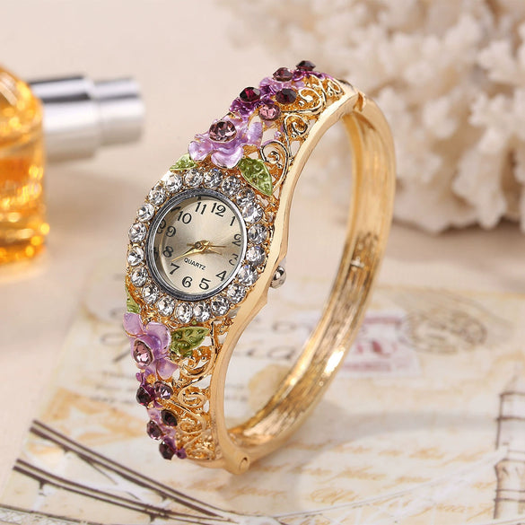 Vintage Cloisonne 3D Flower Blooming Women's Alloy Wrist Watch And Fashion Bracelet