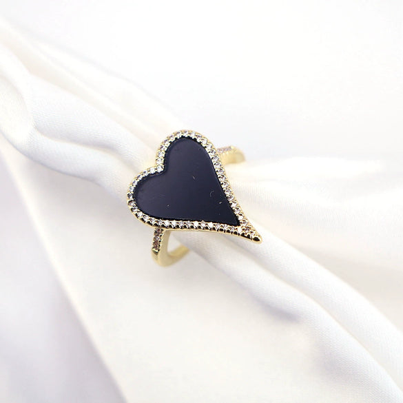 Vintage Copper Electroplated Ring For Women With Micro Paved Zircon And Shell Stone Heart Shaped Open Wide Band Design