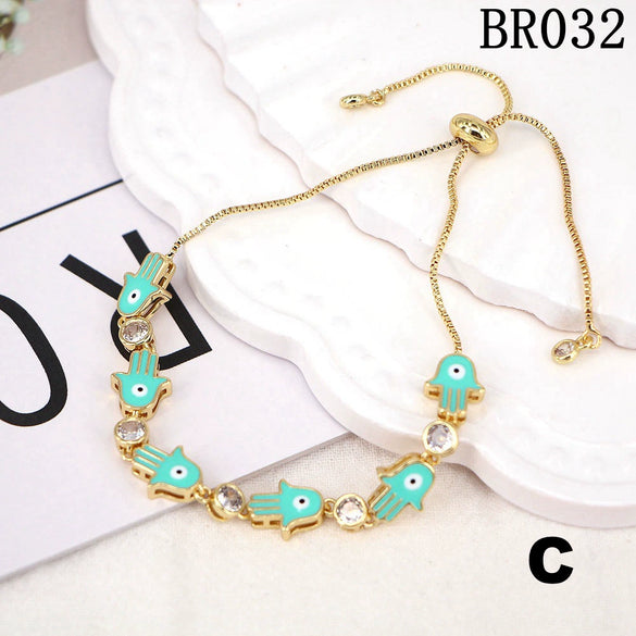 Vintage Copper Geometric Evil Eye Hamsa Hand Enamel Adjustable Bracelet For Women Electroplated Literary Style