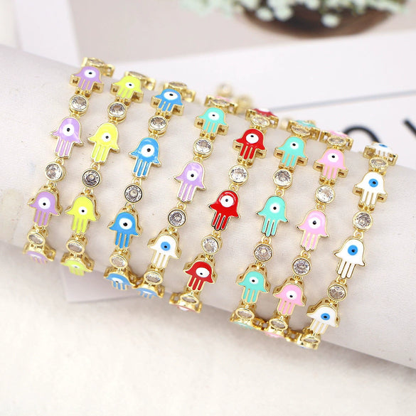 Vintage Copper Geometric Evil Eye Hamsa Hand Enamel Adjustable Bracelet For Women Electroplated Literary Style