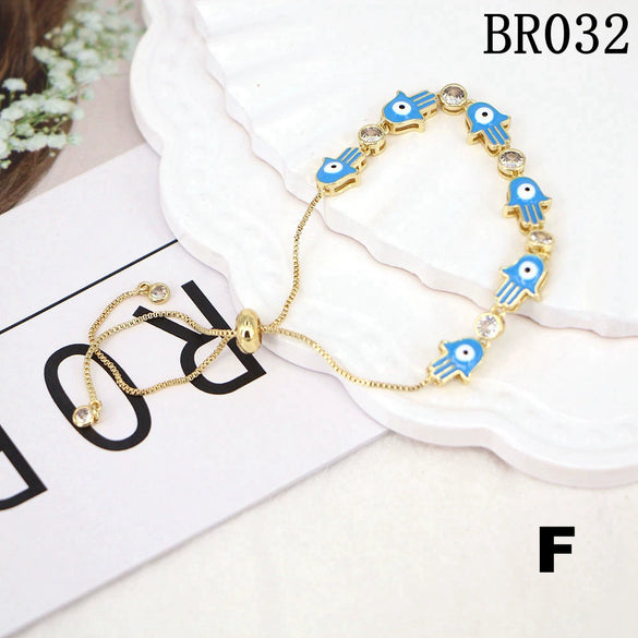 Vintage Copper Geometric Evil Eye Hamsa Hand Enamel Adjustable Bracelet For Women Electroplated Literary Style